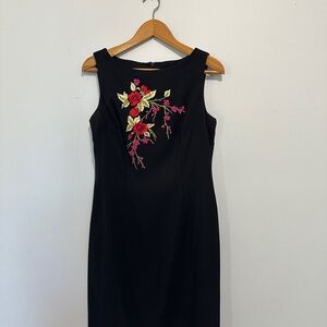 CDC Black Sheath Dress with Red & Pink Floral Embroidery